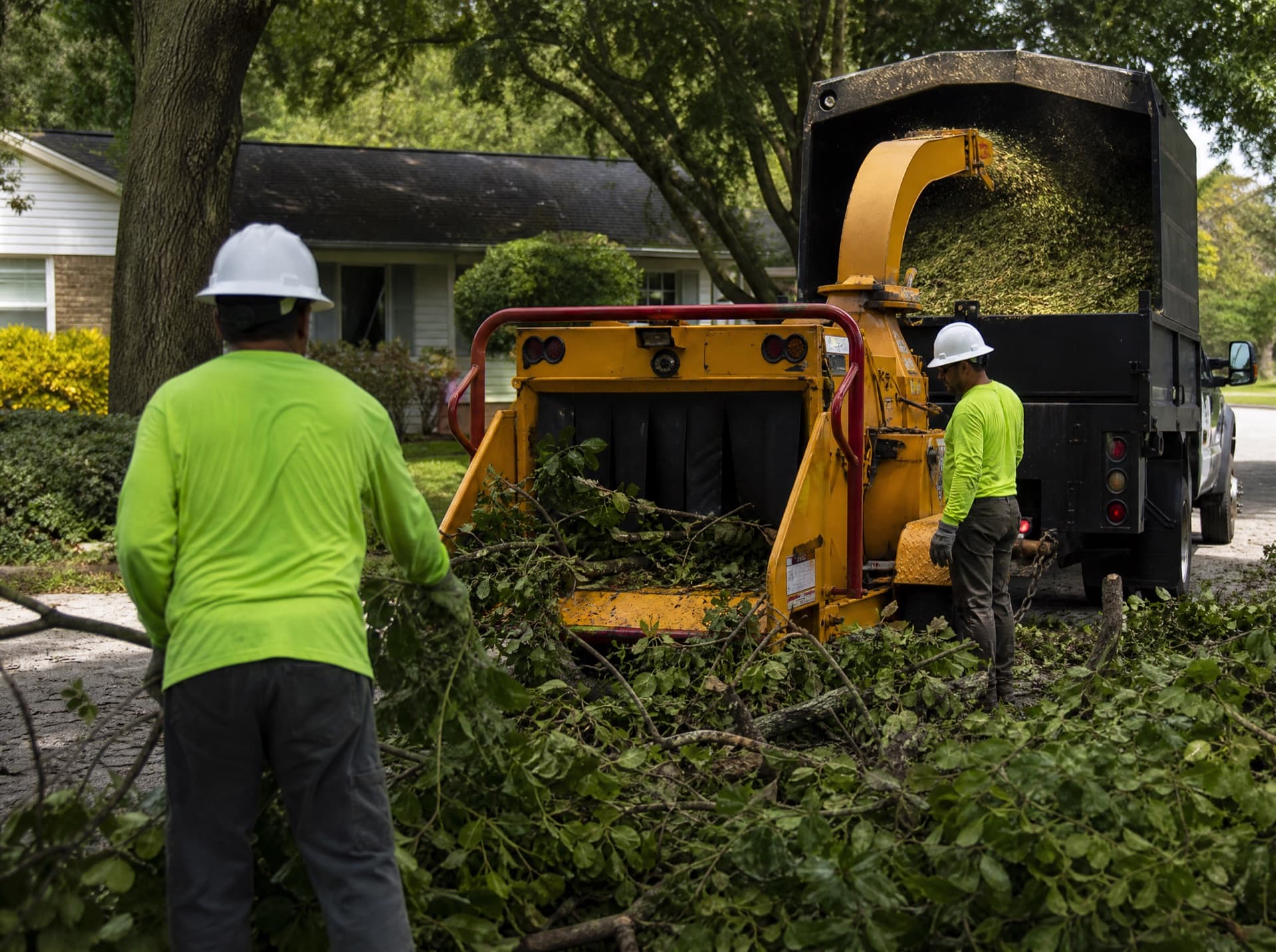 Raymundo Tree Service crew working with truck and wood chipper on a Central Texas job